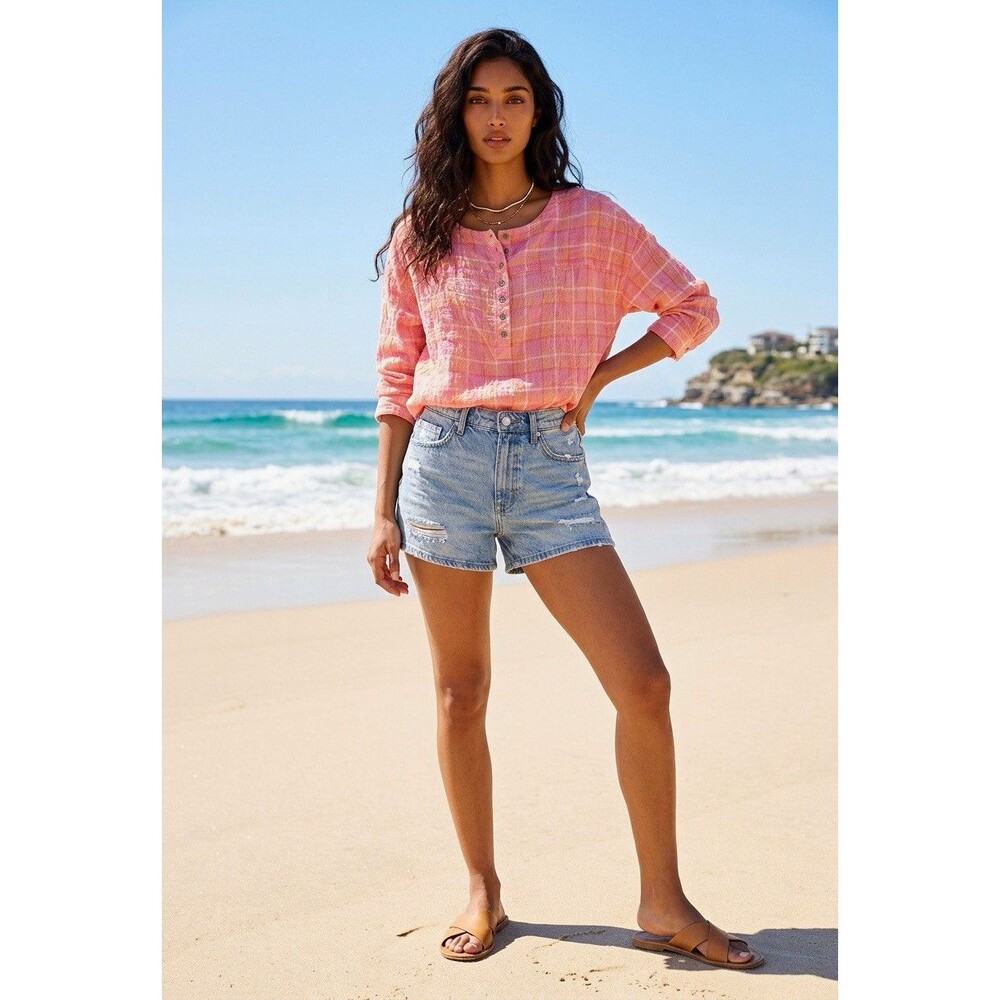 beachlunchlounge Pink Plaid Woven V-Neck Button Henley Long Sleeve Top M LCT4039